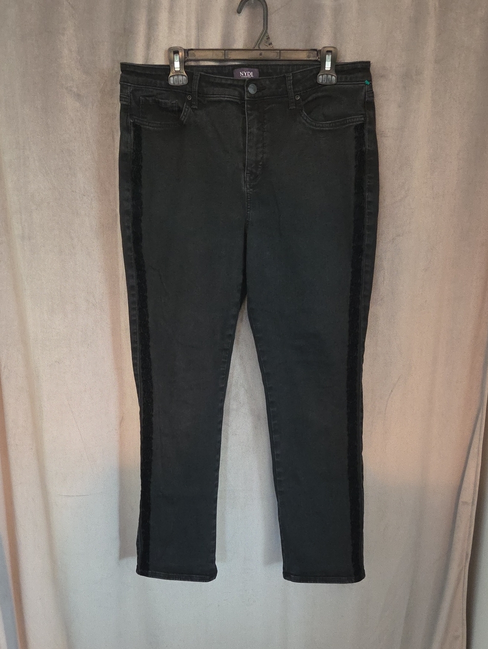 NYDJ Size 14 Black Skinny Jeans with Velvet Side Stripes